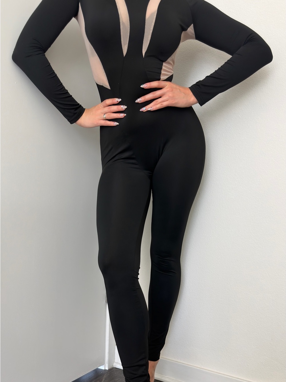 Black Jumpsuit with Nude Mesh Insets - Women's Sculpting Romper